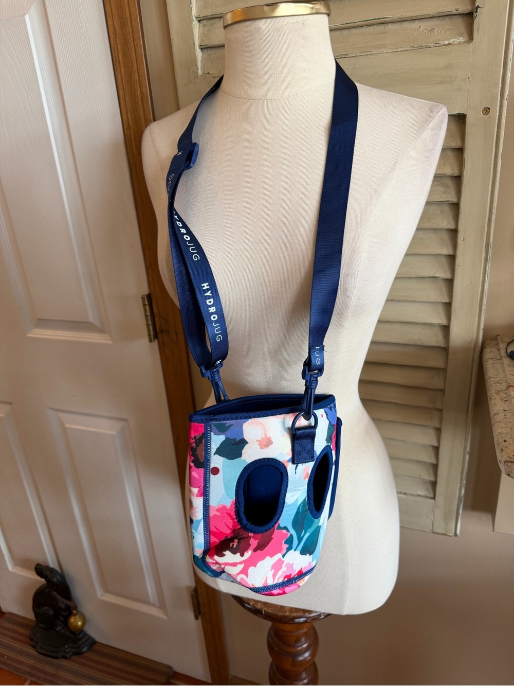 HydroJug Floral Crossbody Bottle Carrier - Navy Strap, Pink, Teal, White